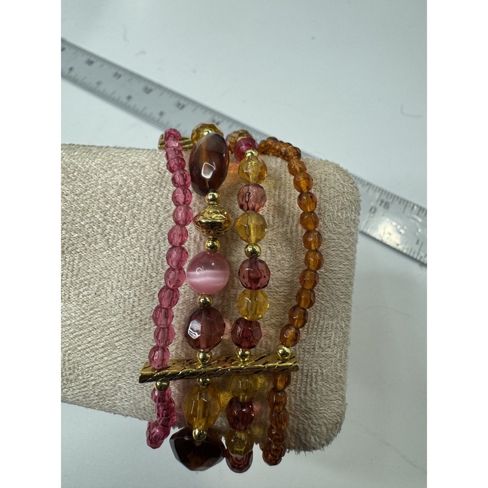 Boho Multi Strand Beaded Stretch Bracelet Amber Pink Gold Tone Layered Cuff